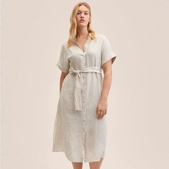 Mango 100% Linen Striped Belted Shirt Dress New - Picture 4 of 11